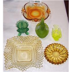 (6) Piece Lot. Gold & Green Vaseline glass & Depression Glass