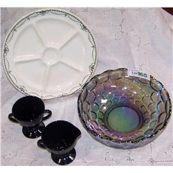 (4) Piece Lot Carnaval Bowl, Black Glass Cream & Sugar; Divided Plate Warwick