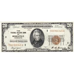 $20 FRBN 1929 BROWN SEAL MINNEAPOLIS SHARP