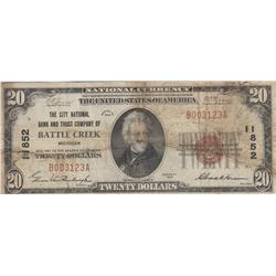 $20 BATTLE CREEK MICH NATIONAL NOTE 1929 CH 11852