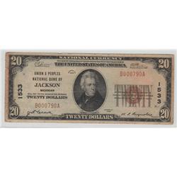 $20 NATIONAL JACKSON MICHIGAN 1929 CHARTER 1533