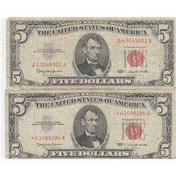 LOT OF 2 $5 RED SEALS STAR 1963 LEGAL TENDER