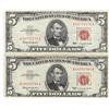 Image 1 : LOT OF 2 $5 RED SEAL LEGAL TENDER 1963 SHARP