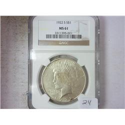 1922-S PEACE SILVER DOLLAR NGC MS61