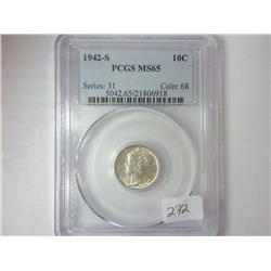 1942-S MERCURY DIME PCGS MS65