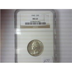 1943 WASHINGTON SILVER QUARTER NGC MS63