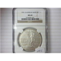 1991-D KOREAN WAR SILVER DOLLAR NGC MS69
