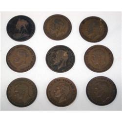 9 British One Cent Coins