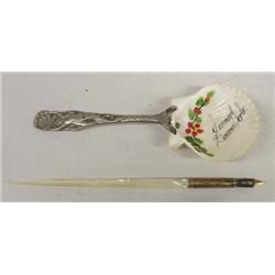 Antique Pearl Handled Pen & Silver Spoon