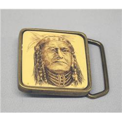 Fossilized Ivory Scrimshaw Buckle of Indian Chief