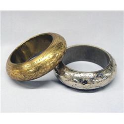 2 Etched Bangle Bracelets Brass and Silver Color