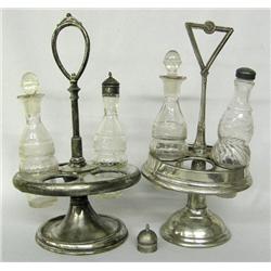 Antique Condiment Caddys and 4 Glass Bottles