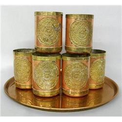 Brass & Copper Aztec Style Cups and Tray