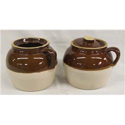 2 USA Crock Bean Pottery Jars, 1 Lid