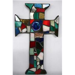 Colored Glass Mosaic Wood Cross Wall Hanging