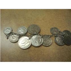 Silver Coin Bracelet W/Foreign Silver Coins, Approx 11 Coins