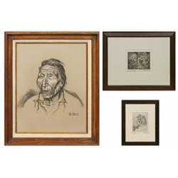 Dave Powell, charcoal drawing and 2 etchings