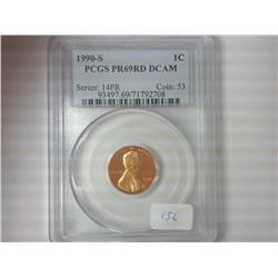 1990-S LINCOLN CENT PCGS PR69RD DCAM