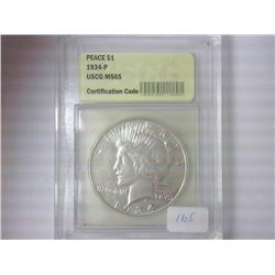 1934-P PEACE SILVER DOLLAR USCG MS65