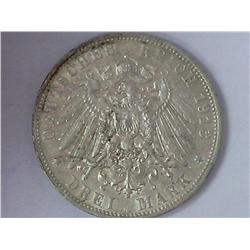 1913-E GERMAN SAXONY 3 MARK SILVER (AU)