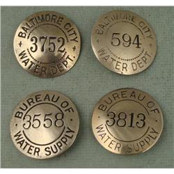 4 Baltimore City Water Supply Workers Antique Badges