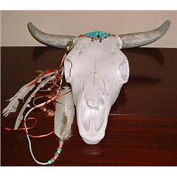 STEER SKULL SCULPTURE W/ NATIVE AMERICAN STYLE ACC