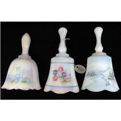 LOT OF 3 VINTAGE FENTON ART GLASS BELLS - HANDPAIN