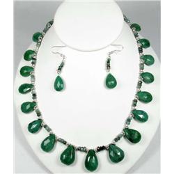 STERLING SILVER AND NATURAL EMERALD NECKLACE AND E