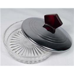 ART DECO GLASS POWDER JAR W/ CHROME AND BAKELITE L