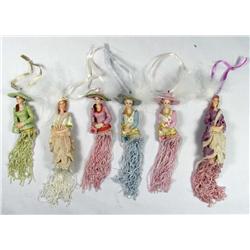 LOT OF 6 PORCELAIN TASSLE DOLL ORNAMENTS - Each ap