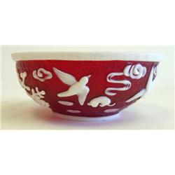 Peking glass red & white porcelain bowl with birds
