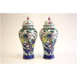 Pair of colorful porcelain covered jars