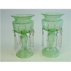 Pair antique green glass lustres
