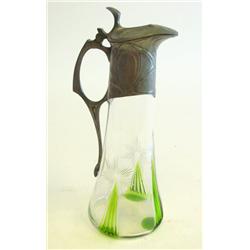 Art Nouveau style green & clear glass pitcher