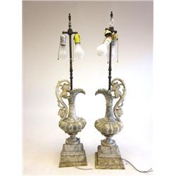 Pair of carved alabaster ewers turned into lamps