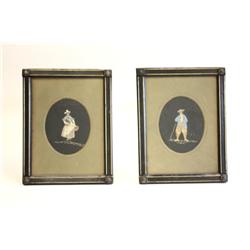 Pair of 19th c. silk figural appliques under glass