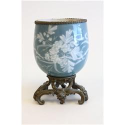 Pate Sur Pate blue vase mounted on bronze base