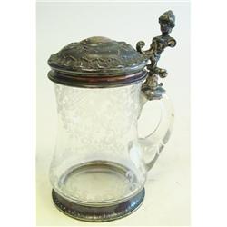 800 silver & etched glass tankard