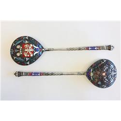 2 Russian & enamelled silver soup spoons