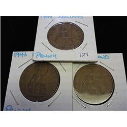 1944, 46 & 48 GREAT BRITAIN LARGE ONE PENNIES
