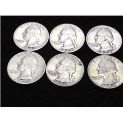 6 ASSORTED 50'S WASHINGTON SILVER QUARTERS