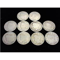 10 ASSORTED LIBERTY "V" NICKELS