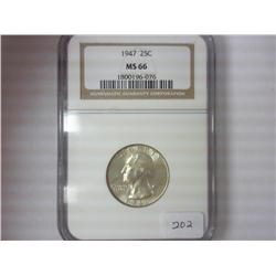 1947 WASHINGTON SILVER QUARTER NGC MS66