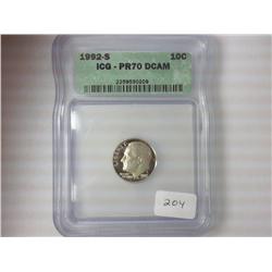 1992-S ROOSEVELT DIME ICG PR70 DCAM