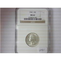 1942 WASHINGTON SILVER QUARTER NGC MS62