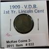 Image 1 : 532. 1909 P VDB Lincoln Cent. VG-8.