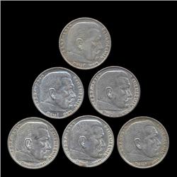 1936A/D/E/F/G/J Nazi Germany 5 Mark Hi Grade 6 Pcs (COI-8203)