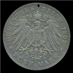 1902 Germany Hamburg 5 Mark Rare Hi Grade Holed (COI-5248)