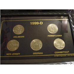 Five 1999-d State Quarters (Delaware, New Jersey, Pennsylvania, Connecticut, and Georgia) in Frame