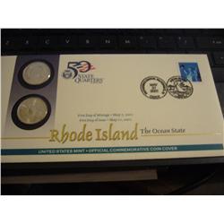 2 Rhode Island State Quarters in the United States Mint Official Commemerative Cover